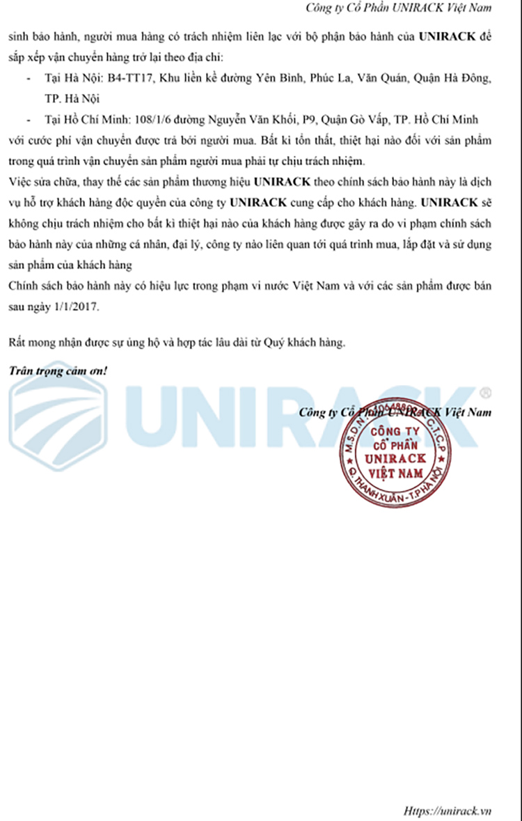 Chính sách bảo hành tủ rack, tủ mạng Unirack Việt Nam