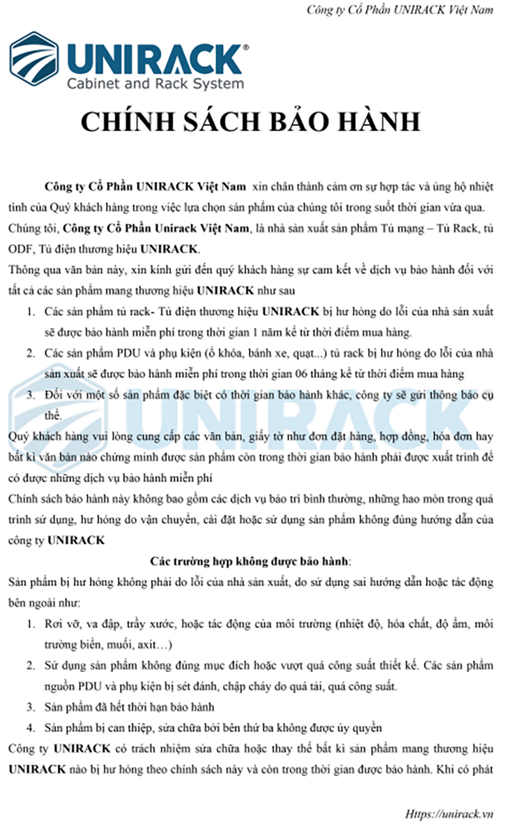 Chính sách bảo hành tủ rack, tủ mạng Unirack Việt Nam